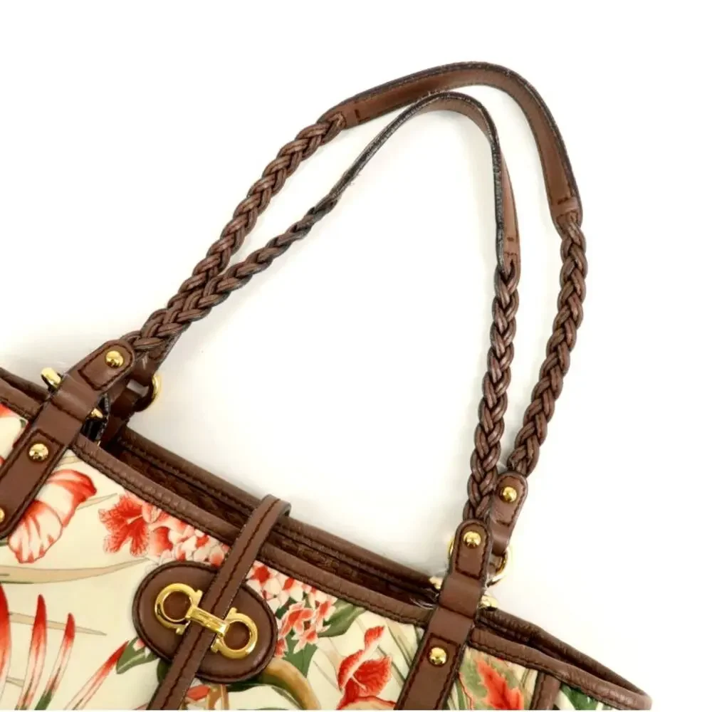 💎✨BEAUTIFUL✨💎Auth Ferragamo Gancini Leather Nylon Tote Bag Ivory Multico… - Picture 5 of 15